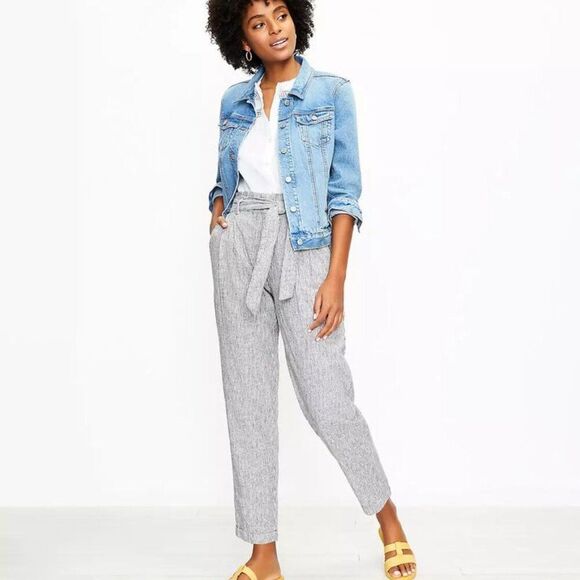 LOFT Pants - Loft Paperbag Pull On Pants Striped Linen Belted Size Medium